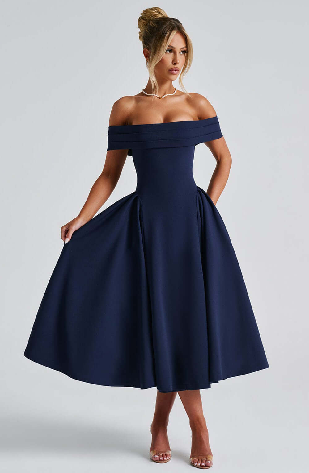 Women’s Off-Shoulder Foldover Flare Midi Dress