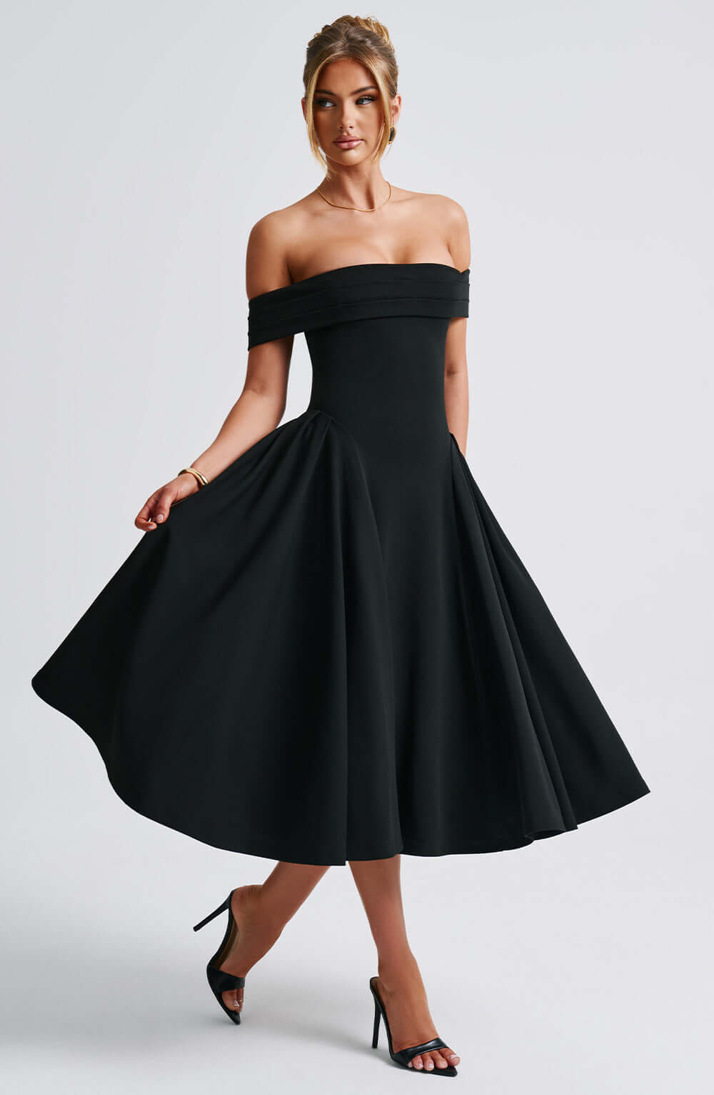Women’s Off-Shoulder Foldover Flare Midi Dress