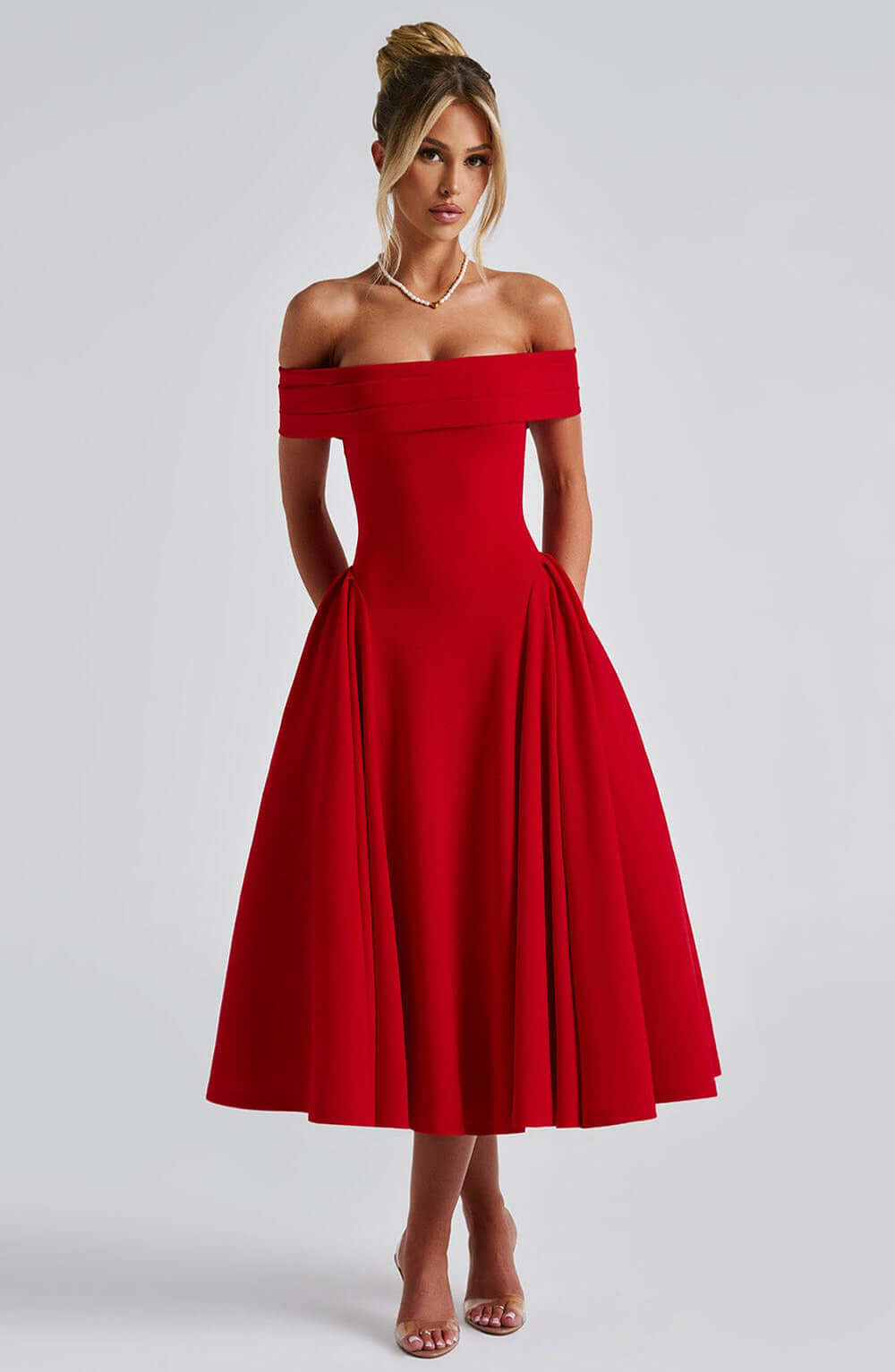 Women’s Off-Shoulder Foldover Flare Midi Dress