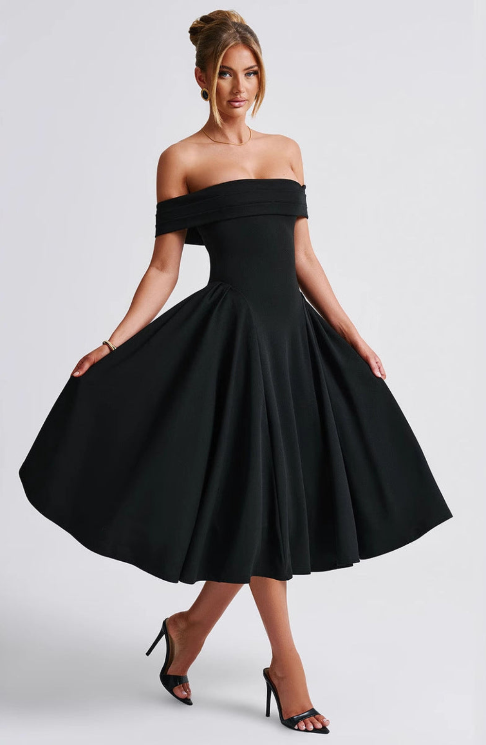Women’s Off-Shoulder Foldover Flare Midi Dress