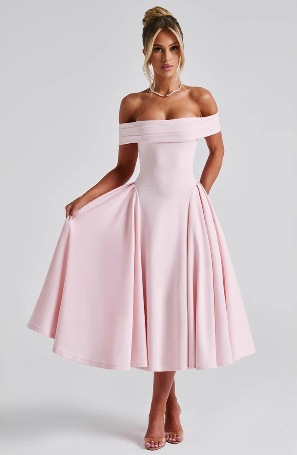 Women’s Off-Shoulder Foldover Flare Midi Dress