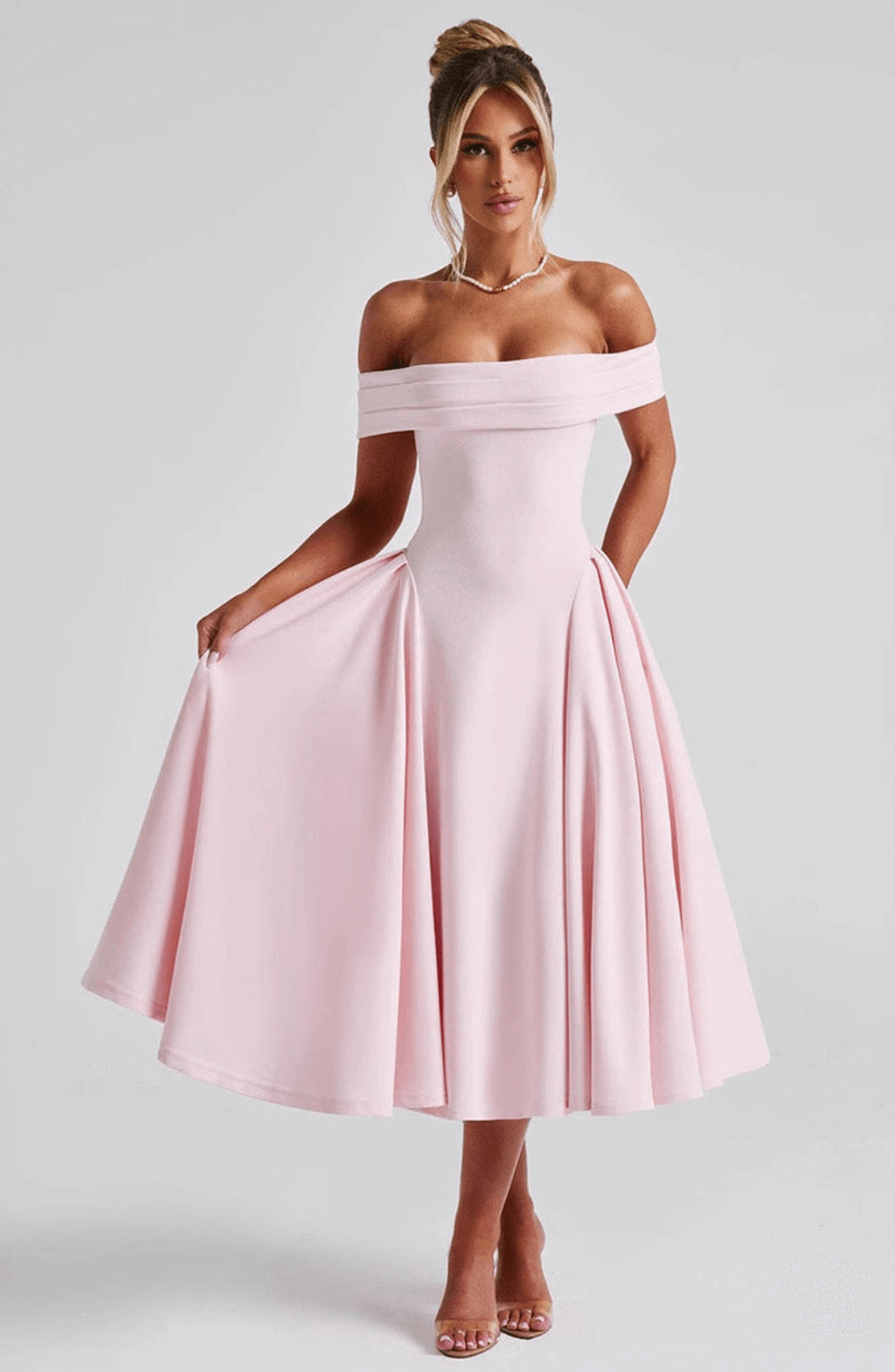Women’s Off-Shoulder Foldover Flare Midi Dress