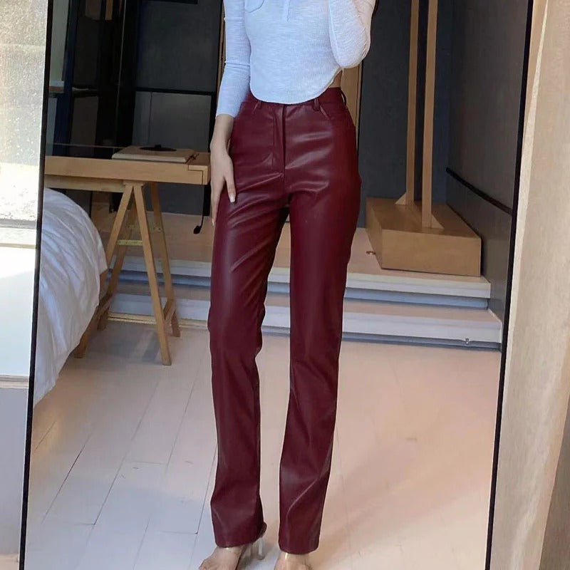 Women’s High-Waist Straight-Leg Faux Leather Trousers