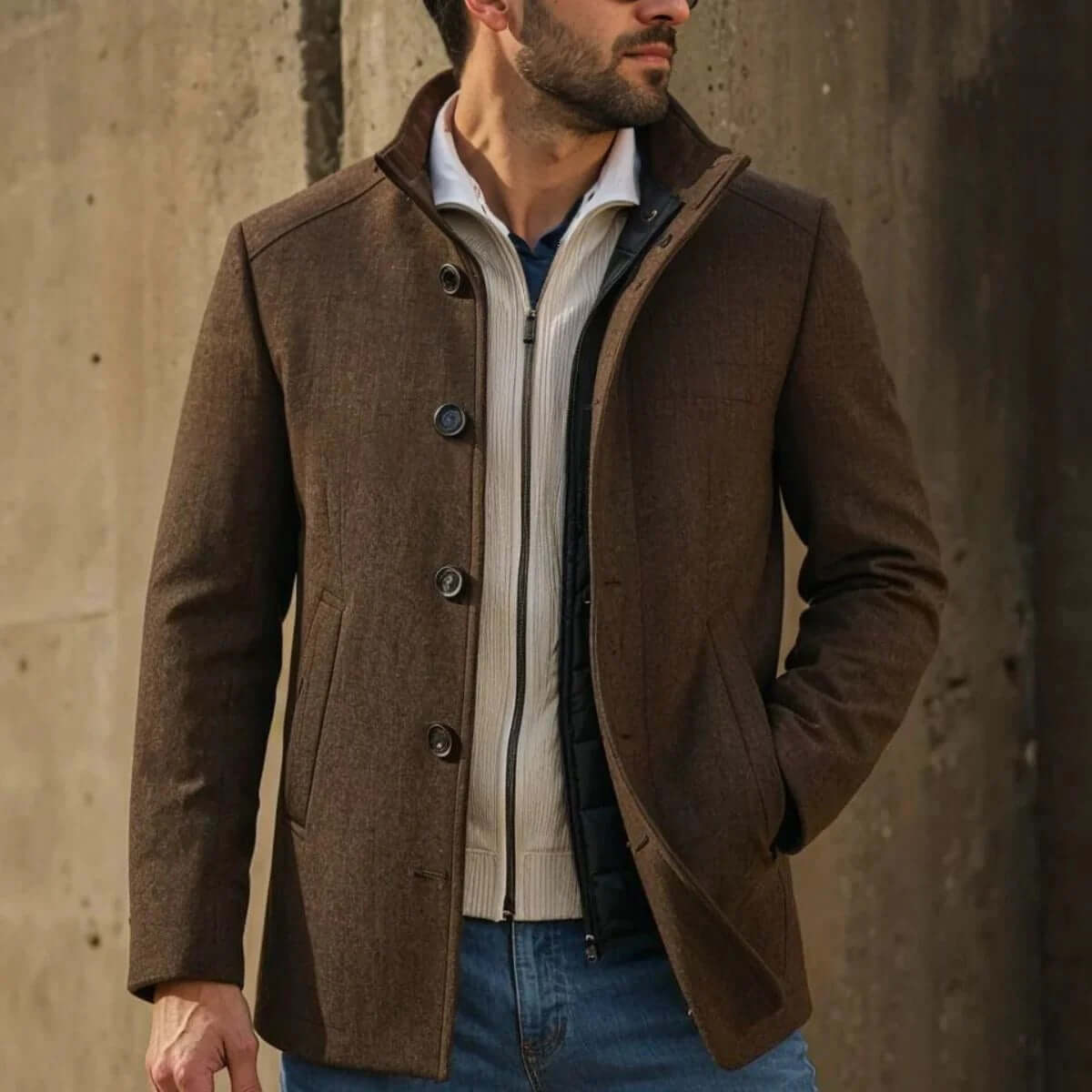 Men’s Stand-Collar Button-Up Winter Overcoat