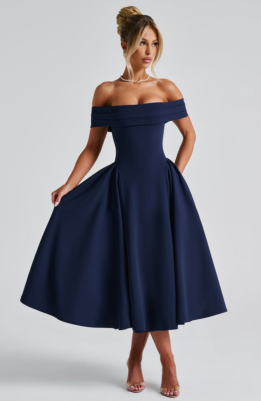 Women’s Off-Shoulder Foldover Flare Midi Dress