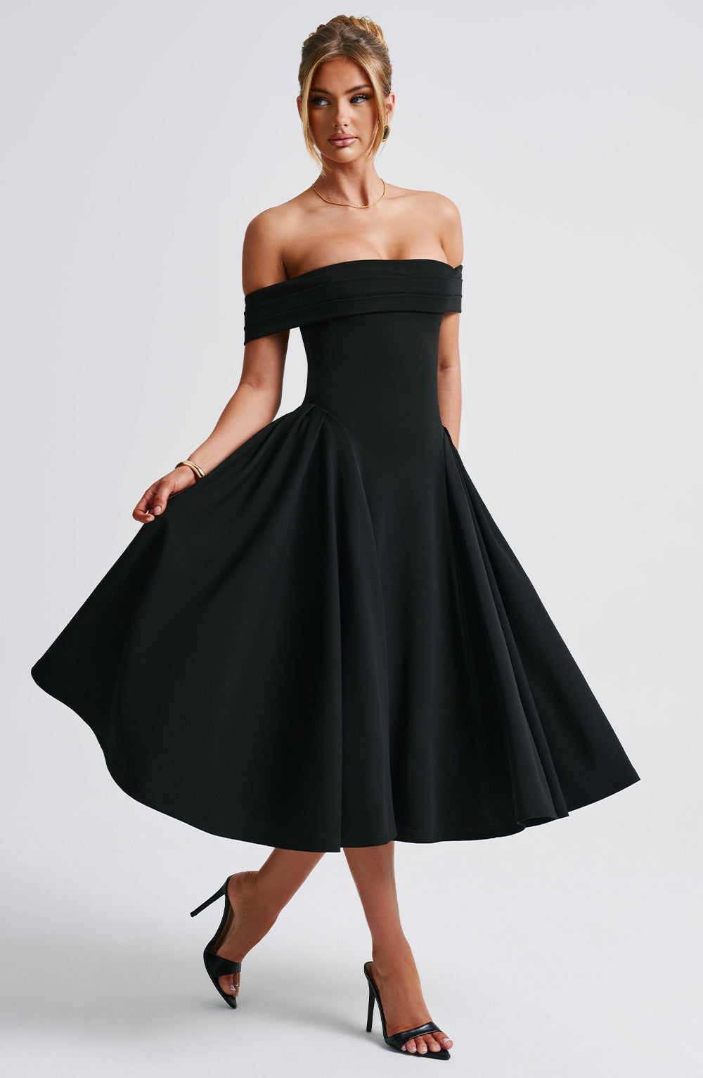 Women’s Off-Shoulder Foldover Flare Midi Dress