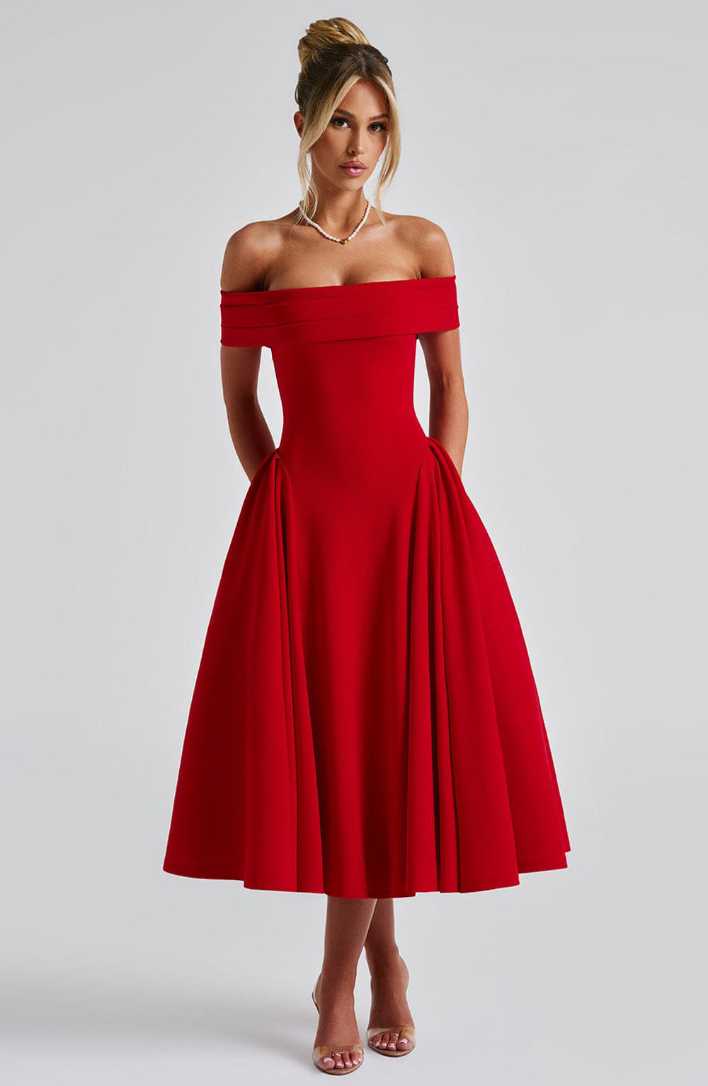 Women’s Off-Shoulder Foldover Flare Midi Dress